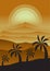 Monochrome foggy sunset landscape with desert and palm trees. Gradients in shades of gold. Vertical vector illustration for