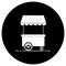 Monochrome food cart silhouette icon. Circular, white on black.