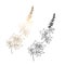 Monochrome and golden long branches with small flowers isolated on white background. Hand-drawn black and white vector