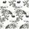 Monochrome hand drawn seamless floral pattern hummingbird for print, tattoo