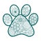 Monochrome hand drawn zentagle illustration of dog paw print. Coloring page isolated on white background. Boho style