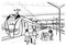 Monochrome horizontal sketch with people, passengers waiting arrival suburban electric train. Hand drawn vector