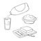 Monochrome icon set, breakfast, porridge with butter, cottage cheese and milk, vector cartoon