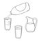 Monochrome icon set, plastic drink bottle, pour milk into a glass tumbler, milk jug, vector cartoon