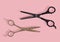 Monochrome illustration of chrome barber scissors. Isolated on pink background