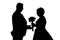 Monochrome illustration of silhouettes of groom and bride and wedding bouquet between them.