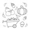 Monochrome illustration, wooden cart with harvest, large pumpkin, apples and mushrooms, a set of vector cartoon