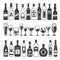 Monochrome illustrations of black pictures of alcoholic bottles. Vector illustrations for logo or label design