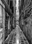 Monochrome image of a long narrow urban alley with wet cobbles and old eroded walls in venice italy