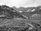 Monochrome image of North Greater Caucasus mountain range with snow