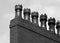 Monochrome image of a row old fashioned chimney pots on a brick built house