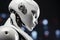 Monochrome image showcases a sleek, futuristic robot in grayscale tones