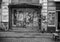 Monochrome image of an unkempt door in an empty building, Frankfurt, Germany