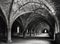 Monochrome image of Vaulted cellars in Ruins of Fountains Abbey