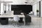 Monochrome interior design of openspace office with modern furniture, glossy concrete floor and black and white walls