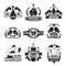 Monochrome labels set for boxing championship. Illustration of gloves and boxer