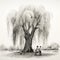 Monochrome Landscape Illustration Of Children Inside A Weeping Willow