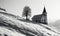 Monochrome Landscape with a Lone Tree and a Small Chapel on a Snowy Hill Depicting Solitude and Tranquility