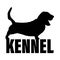 Monochrome logo of the kennel of dogs breed basset hound. The text logo is black and white.