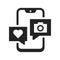 Monochrome mobile phone application icon heart and camera in speech bubbles vector