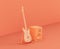Monochrome orange color professional speaker with electro guitar on the floor in a pink studio, 3d rendering