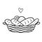 Monochrome outline bakery or store logo. Line Wicker basket with bread. Vector hand drawn illustration in lineart style