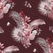 monochrome pattern with herbarium of dry palm leaves and orchid flowers on a dark burgundy background