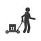 Monochrome pictogram of man and hand truck and packages
