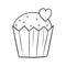 Monochrome picture. Chocolate cupcake with round sugar crumbs and a heart, vector cartoon