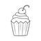 Monochrome picture, delicious cupcake with delicate cream and cherry berry, vector cartoon