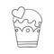 Monochrome picture, Delicious cupcake with powdered sugar and a heart, vector in cartoon