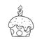 Monochrome picture. A festive muffin with a candle. Delicious cupcake with sugar crumbs, vector