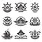 Monochrome pictures of pirate labels. Illustration of military ships, skull and guns