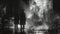 Monochrome Pixelation of a Mysterious Noir Scene A vintage detective scene blurs into stark black and white pixels