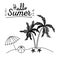 Monochrome poster of hello summer with umbrella and ball in island with palm trees and starfish
