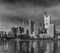 Monochrome scenic panorama of the financial center of the city of Frankfurt ,Germany, Europe, with the river Main