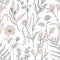 Monochrome seamless pattern with blooming wild flowers hand drawn on white background. Natural backdrop with elegant