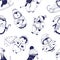 Monochrome seamless pattern with cute baby penguins dressed in various winter clothes on white background. Funny cartoon