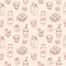 Monochrome seamless pattern with dairy products drawn with contour lines on light background - milk, milkshake, yogurt