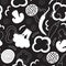 Monochrome seamless pattern with different vegetables: onion, mushroom, chilli pepper, tomato, olives in one line, flat styles