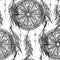 Monochrome seamless pattern dream catcher with feathers