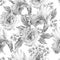 Monochrome seamless pattern with flowers. Iris. Peony. Watercolor illustration.