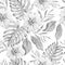 Monochrome seamless pattern with flowers. Monstera. Anemone. Watercolor illustration.