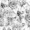 Monochrome seamless pattern with flowers. Rose. lily. Chrysanthemum. Watercolor.