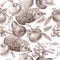 Monochrome seamless pattern with fruits and hedgehog. Apple, grapes and pear.Watercolor illustration.