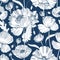 Monochrome seamless pattern with gorgeous blooming wild poppy flowers, leaves and seed heads hand drawn with contour