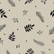 Monochrome seamless pattern. Grey and black silhouette of leaf, berries, fir branches on beige background.