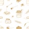 Monochrome seamless pattern with honey, dipper, bread slices, honeycomb, clover, jar and barrel drawn with contour lines