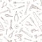 Monochrome seamless pattern with manual and powered tools for woodworking hand drawn with contour lines on white