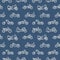 Monochrome seamless pattern with motorcycles of various models drawn with white outlines on blue background - chopper